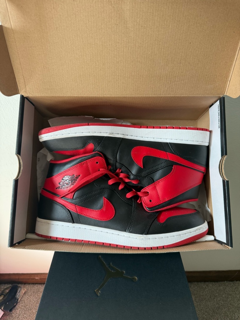 Jordan 1 Mid Nike Men’s Black and Red High-Top Sneakers - Picture 2 of 14